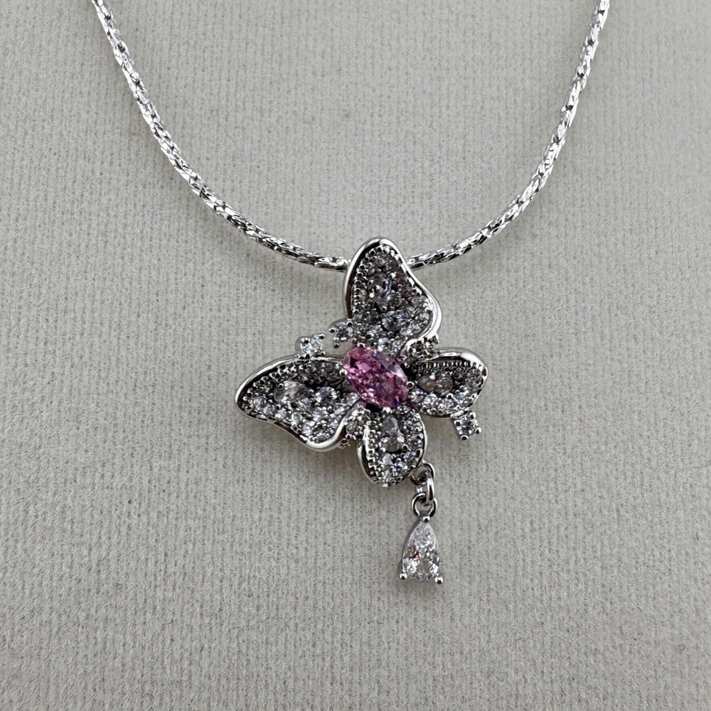 White Gold Plated Pink Butterfly Pendant Necklace Pave Crystal Drop Charm